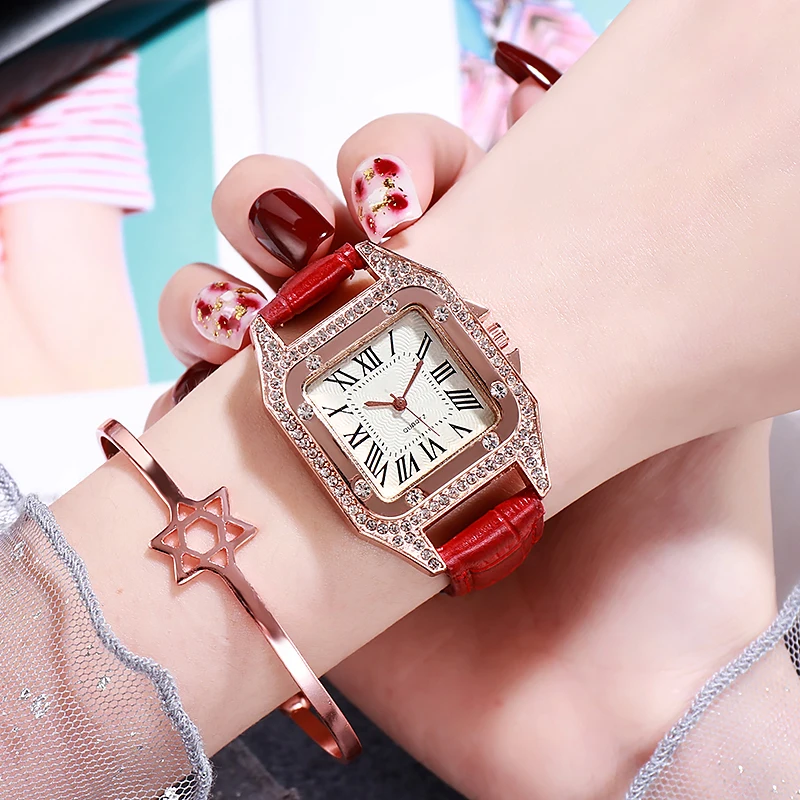 Fashion Ladies Quartz Watch Rhinestone Crystal Tonneau Women Watch Dress Luxury Roman Numerals Leather Watch for women