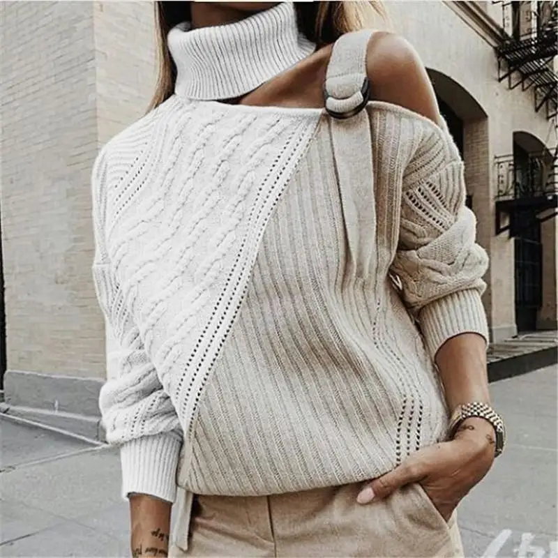 Fanco Patchwork Turtleneck Sweater Women Sexy Off Shoulder Color Block Knitted Batwing Long Sleeve Pullover Tops | Женская одежда