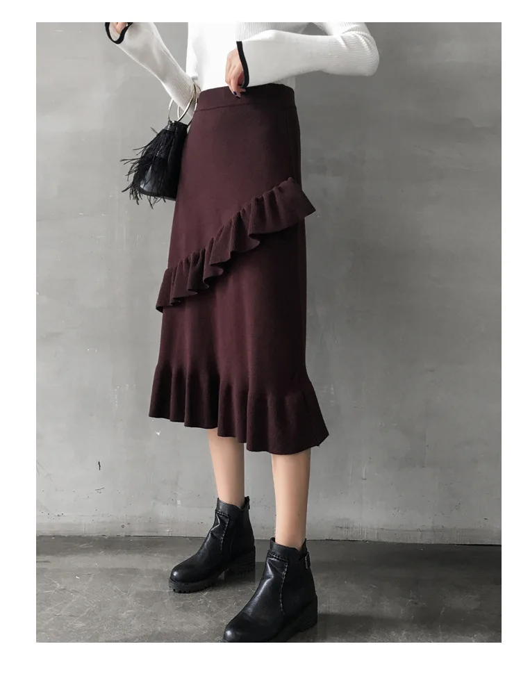 Вязаная юбка осенняя и зимняя новая модная свободная для похудения Длинная с деревянной деталью шерстяная юбка с ушками для дам