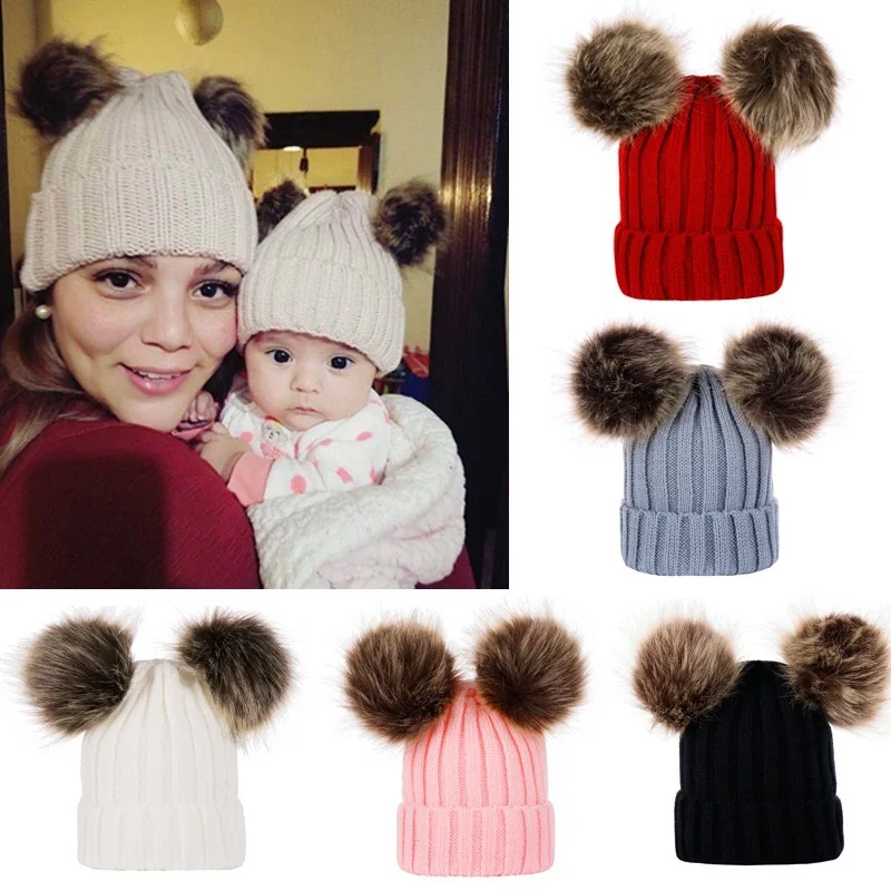 

Newborn Baby Boy Girl Knitted Hats Autumn Winter Women's Parent-Child Models Woolen Hats Double Fur Ball Caps