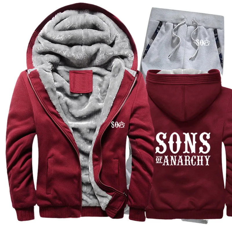 SOA Sons of толстовки анархия мужской костюм зимний флис утолщаются теплые молнии пальто толстовка мужские толстовки куртка+ брюки 2 шт. наборы - Цвет: 814