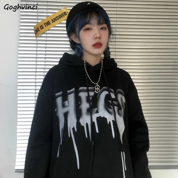 

Hoodies Women Printed Plus Velvet Thicker Korean Style Letter Streetwear All-match Loose Chic Trendy Daily New Popular Womens