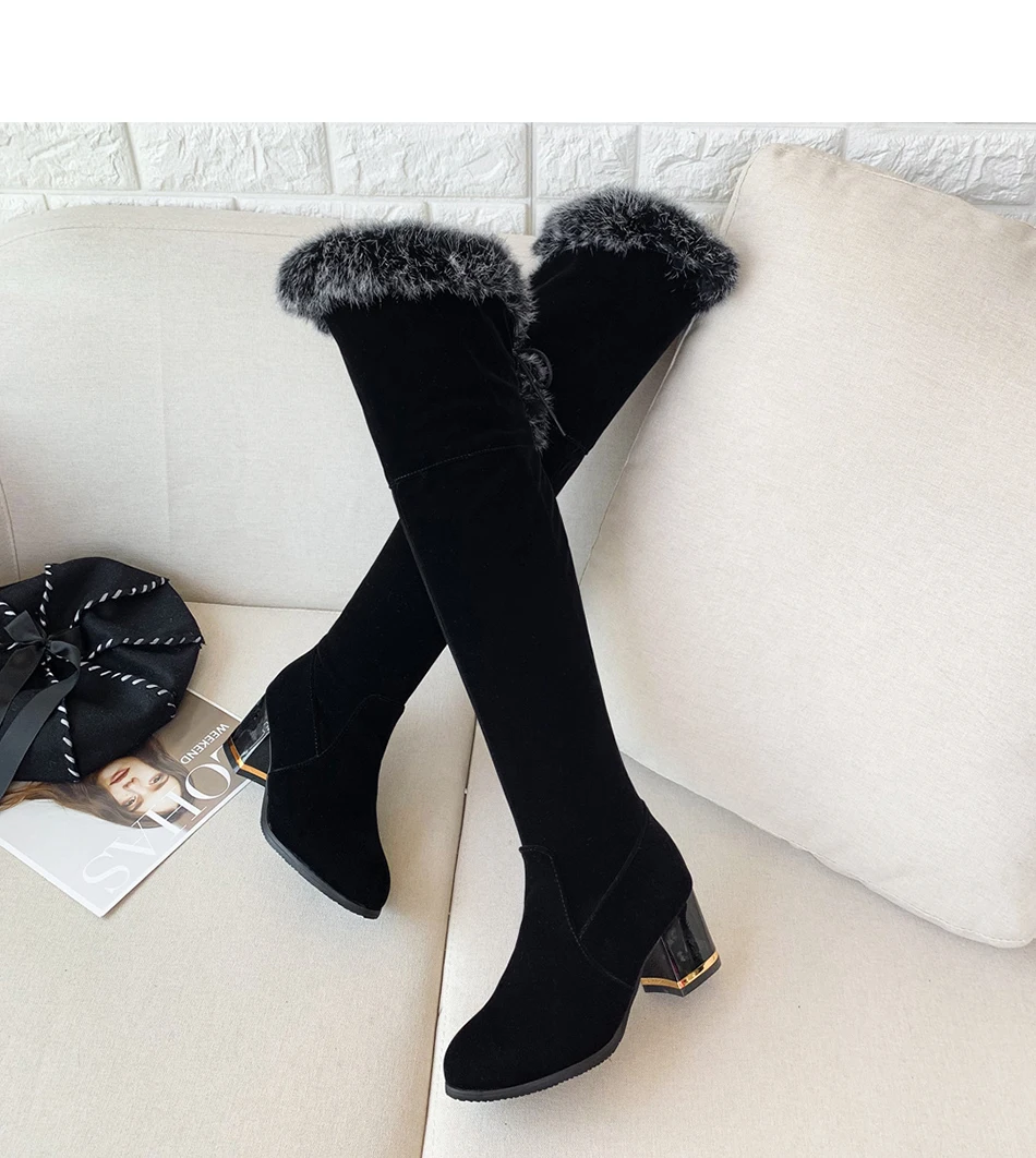 Plus Size 34-46 Thigh High Boots Winter Boots Women Rabbit Fur Keep Warm Over The Knee Boots High Heel Sexy Fashion Shoes Boots