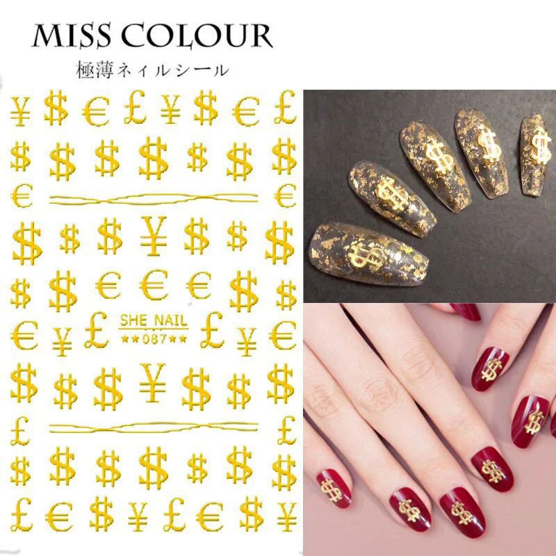 

1 Sheet 3D Currency Symbol Design Nails Art Sticker Money Dollar EUR GBP Rich Nail Stickers Wraps Foil Sticker Manicure Tips