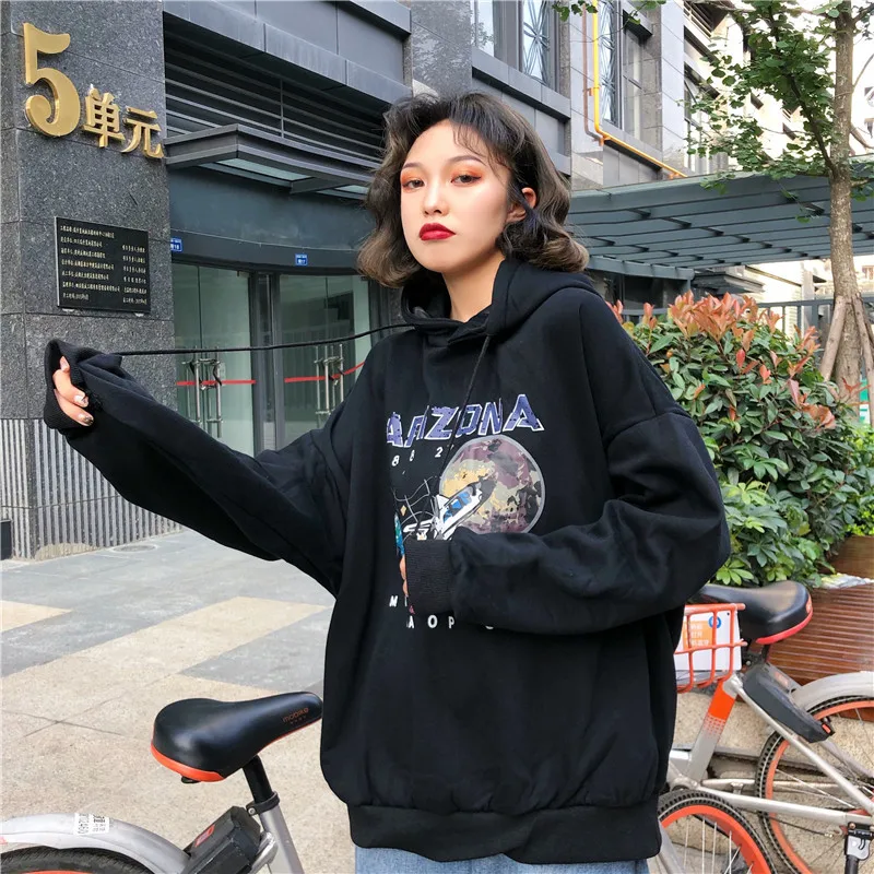 Paris Girl Women Loose Restore Star Airship Printing Black Thin Pullover O-neck Hoddie Sweatshirt Girls White Gray Hoodies