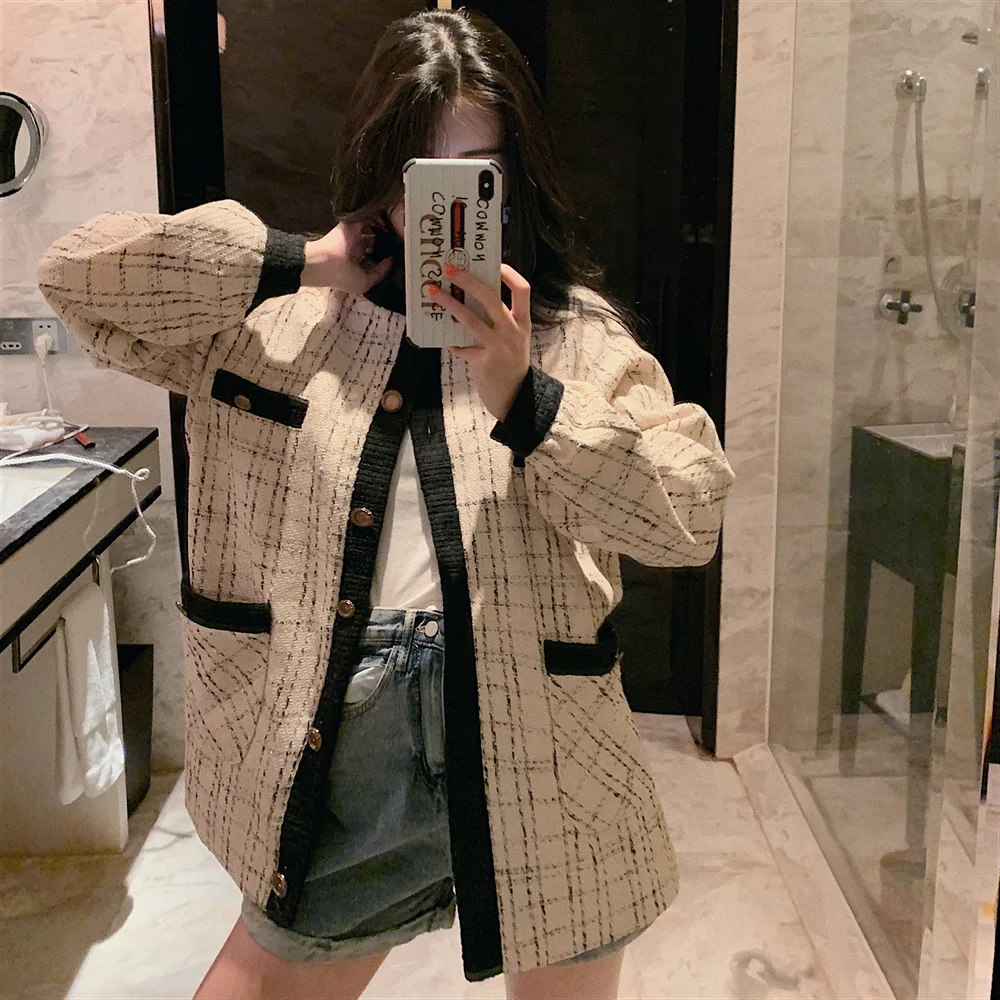 

Photo Shoot 2019 WOMEN'S Dress Autumn Online Celebrity Contrast Color Tweed Plaid Graceful Loose-Fit Elegant Coat Tops