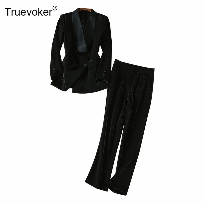 Truevoker, Подиумные Дизайнерские комплекты из двух предметов, женские черные велюровые пиджаки с длинными рукавами+ брюки, Элегантные Бархатные вечерние комплекты-двойки