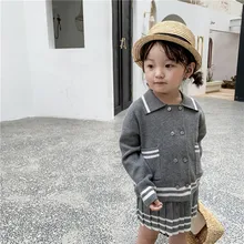 Симпатичный стиль преппи девочки шерстяная нить для вязания комплекты одежды двубортный свитер кардиган и модная юбка костюмы из 2 предметов