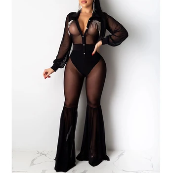 

Women Sexy Sheer Mesh Black Jumpsuit Button Down Flare Long Pants Classy Party Clubwear Chic See Through Jumpsuits