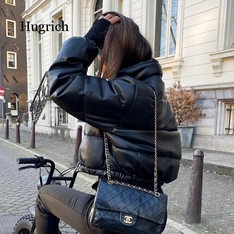 Winter Thick Warm Short Parkas Women Fashion Black Pu Leather Coats Women Elegant Zipper Cotton Jackets Female Ladies