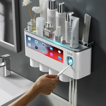 

Toothbrush Holder Automatic Toothpaste Dispenser With Cup Wall Mount Toiletries Storage Rack Smart Home Bathroom Accessories Set