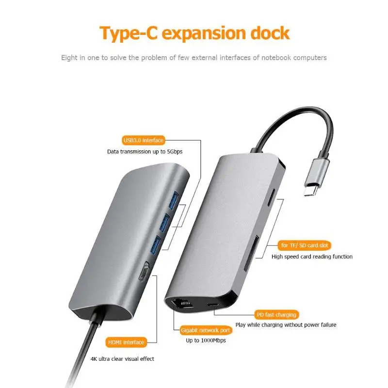 Горячая 8 в 1 type-C адаптер Многофункциональный type-C к HDMI+ PD+ 3 USB 3,0+ RJ45+ TF+ карта памяти док-станция концентратор конвертер