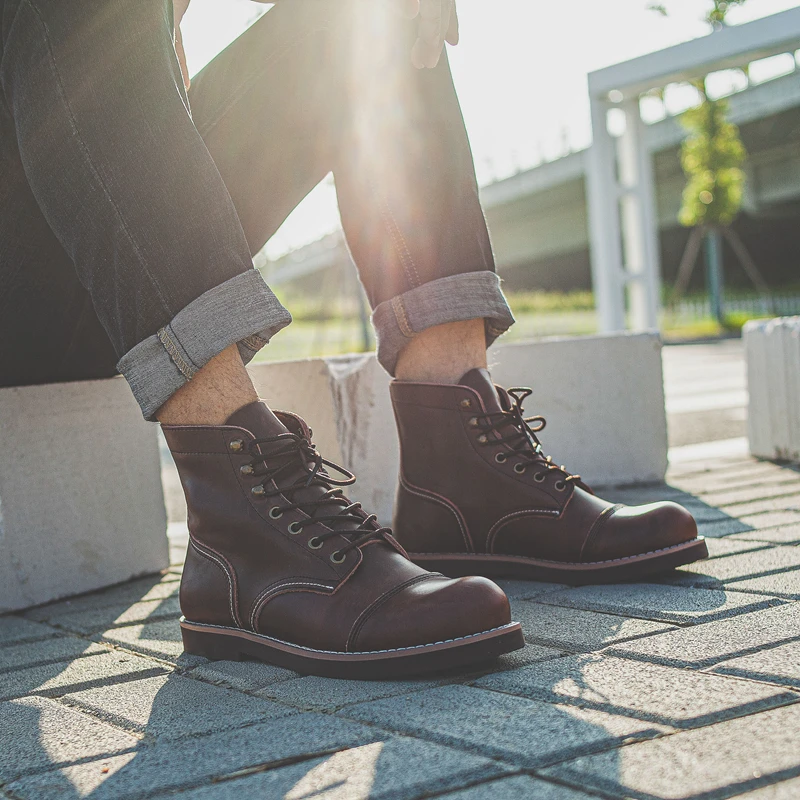 Casual Men Shoes Handmade Spring Dress Ankle Boots Vintage Tooling Wings Cow Leather Motorcycle Boots