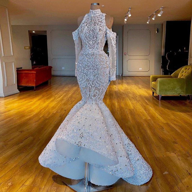 

Luxurious Mermaid Stunning 2019 Dubai Wedding Dresses High Neck Beaded Crystals vestido de noiva Long Sleeves Wedding Gowns
