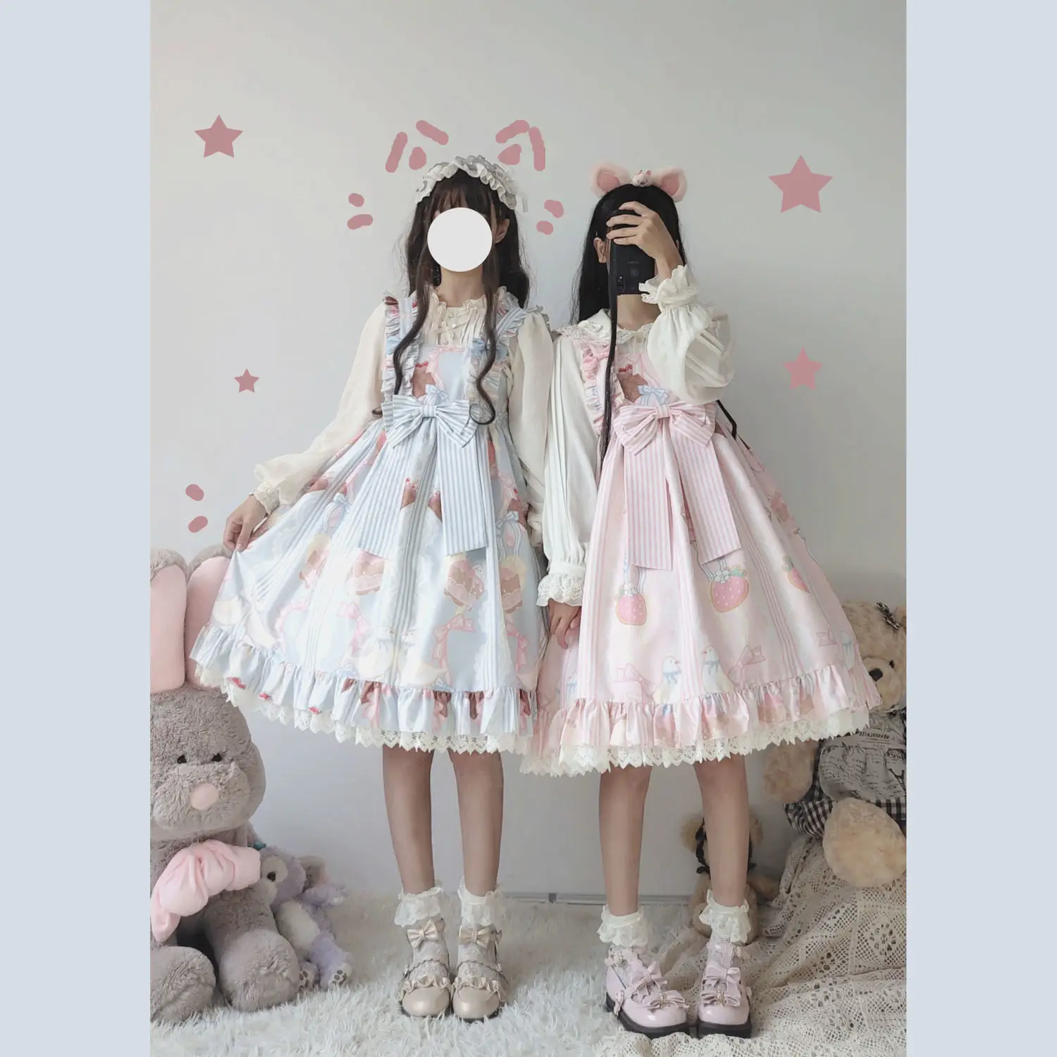 Japanese Style Kawaii Lolita Jsk Drsss Women Cute Cartoon Print Lace Bow Princess Dresses Girls Sweet Party Mini Dresses