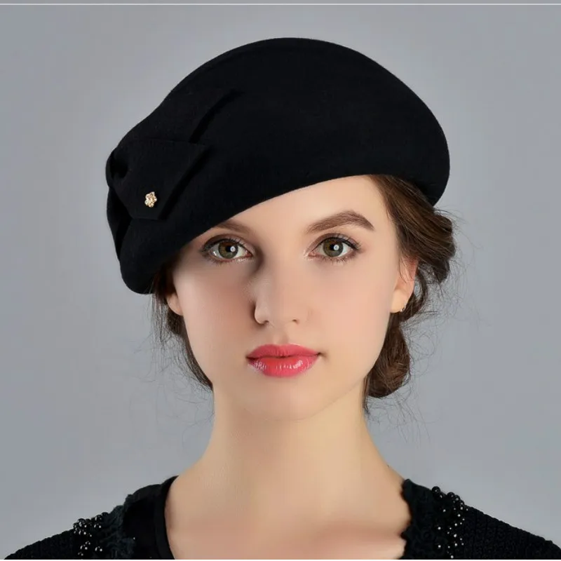 Женская шерстяная шапка бантик Fedoras осенне зимняя берет с бантом шляпа купольная