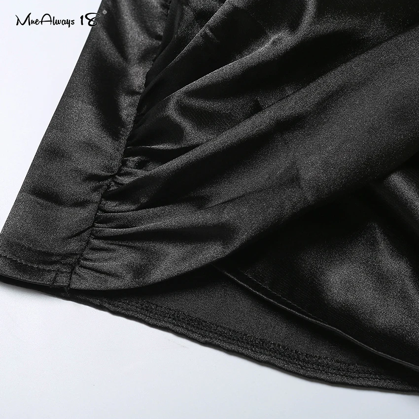 Mnealways18 мини-платье со стоячим воротником и рукавами-фонариками, женское Элегантное Шелковое черное сатиновое платье, Сексуальные вечерние платья бодикон