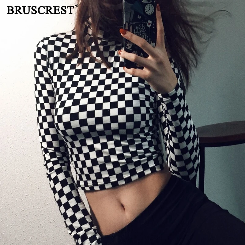 2019 Women Sexy Fashion Streetwear Tops Bodycon Knitted Vintage Pullover Plaid Turtleneck Crop Top Long Sleeve Checkered | Женская