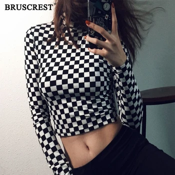 

2019 Women Sexy Fashion Streetwear Tops Bodycon Knitted Vintage Pullover Plaid Turtleneck Crop Top Long Sleeve Checkered Top