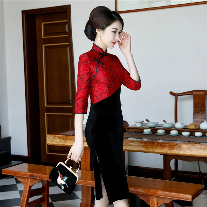 L-6XL Платье До Колена Cheongsam в винтажном китайском стиле женское кружевное велюровое платье Qipao тонкое вечернее платье на пуговицах размера плюс