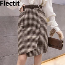 Флисовая Женская Асимметричная юбка миди с узором «гусиная лапка», с разрезом спереди и поясом, с высокой талией, а-силуэт, толстая шерсть, Ретро стиль, деловые наряды