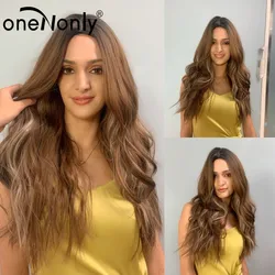 oneNonly Long Brown Body Wave Ombre Synthetic Wigs Dark Roots Middle Part for Women Cosplay Natural Hair Heat Resistant
