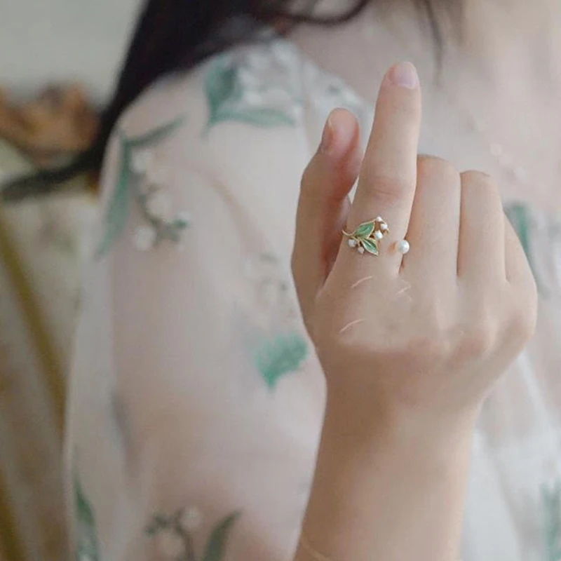 Lily of the valley element silver inlaid pearl enamel porcelain ladies ring