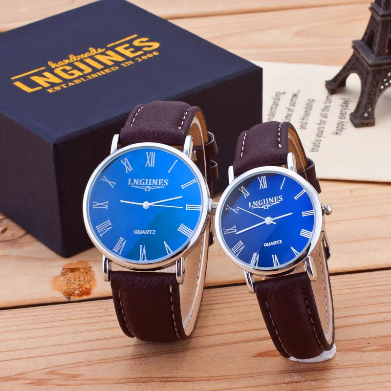 New Couple Watch Custom Waterproof Watch 2pcs Fashion Couple High Gloss Glass Leather Belt Watch Couple Gift  I Love You Watch