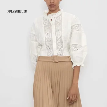 

Autumn new retro ladies tops ruffled round neck embroidered lace stitching lantern sleeves loose tops elegant casual tops
