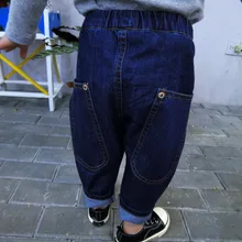 Осенняя одежда новые продукты первые дети из чистого хлопка Свободное шаровары джинсы для мужчин и женщин детские повседневные брюки с большими карманами