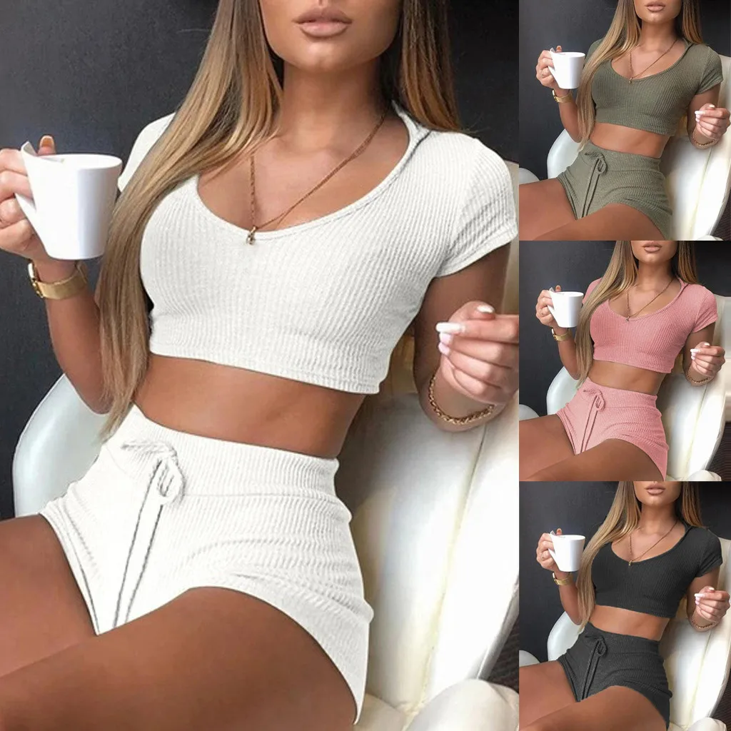 Conjuntos deportivos informales para mujer, pantalones cortos lisos con cintura elástica, Top corto de manga corta, chándal, trajes de gimnasio