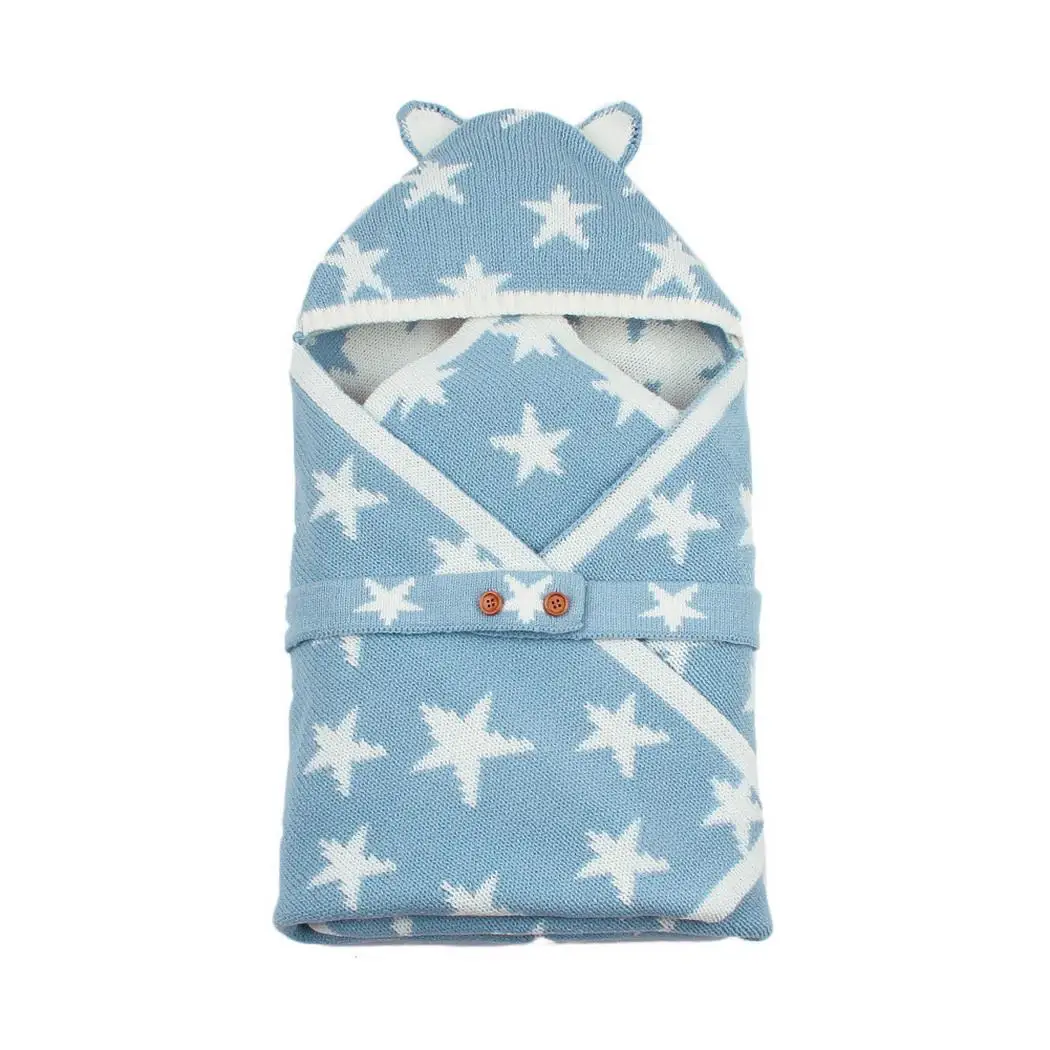 Cute Stars Envelope Style Swaddling Blanket Buttons Pink, Light Blue, Gray Hooded Baby Sleeping Bag