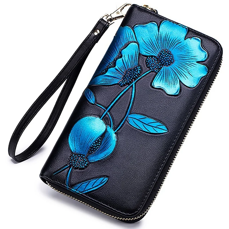 ABZC-Women'S Elegant Floral Leather Wallet Fashion Long Ladies Clutch Bag Multi-Function Coin Purse Blue
