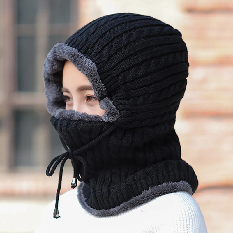 

Men and Women Solid Color Adjustable Elastic Hat Unisex Knitted Cashmere Hooded Neck Collar Cap Head Drawstring Thick Beanie