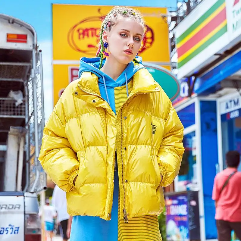 2019 зимние модные однотонные пуховики женские теплые с воротником стойкой