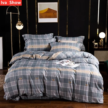 

Iva Show Gray Plaid English Style Bedding Set Tencel Fabric Bed Set Simple Wide Edge Pillowcase Queen / King Size Bed Four-piece