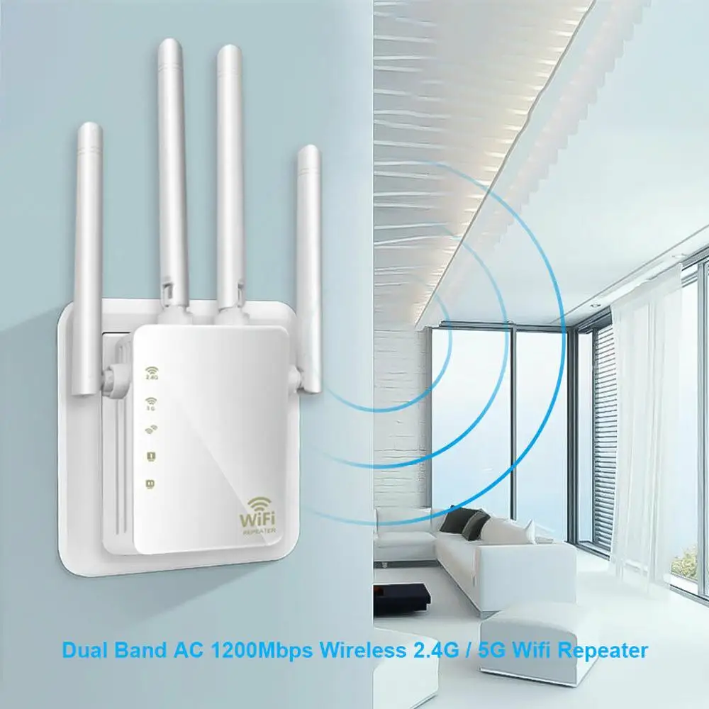 

1200Mbps Dual Band WiFi Repeater Amplifier Network Wireless Internet Booster Expander Router Power Extender 4 Antenna For Home