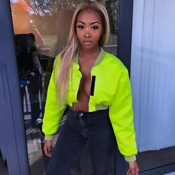 

BKLD Womens Jackets And Coats 2019 Autumn New Woman Clothes Neon Green Streetwear Long Sleeve O-neck Outerwear Crop Jacket Women