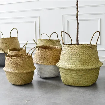 

Natural folding house seagrass fabric Storage baskets garden flower Vase suspension basket with storage strap belly fruit basket