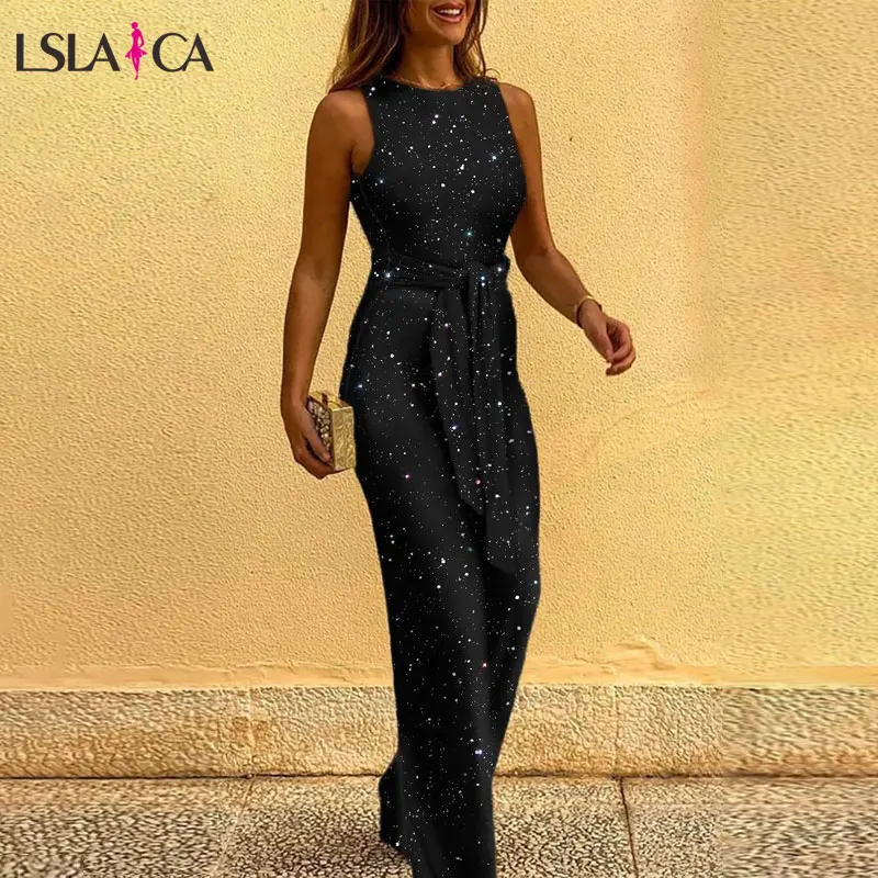 

Elegant Women Jumpsuits Sequin Sleeveless Belt O Neck Long Loose Pants Ladies Playsuit Sexy Evening Jumpsuits Female