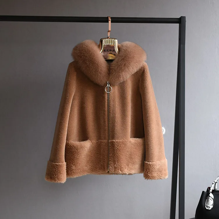 OFTBUY пальто с натуральным мехом, зимняя женская куртка, Воротник из натурального Лисьего меха, капюшон, шерсть, тканая верхняя одежда, плюшевый флис