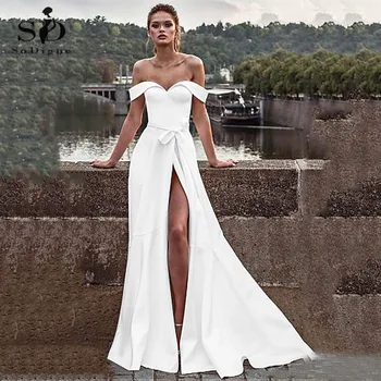 

Simple A Line Wedding Dresses Satin Off Shoulder Boho Bridal Gowns Sexy split skirt Pockets Wedding Gowns vestidos de novia