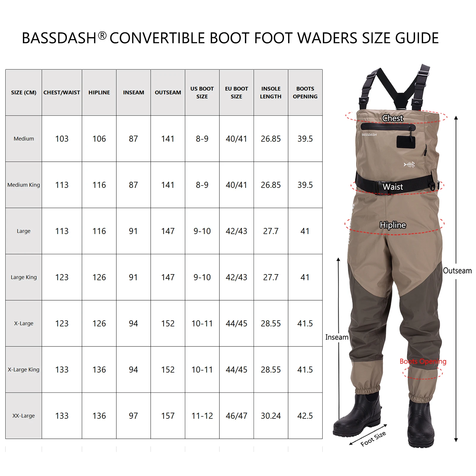 Bassdash Chest Waders Waterproof Fishing Hunting Boot Foot Wader Wading Pants 