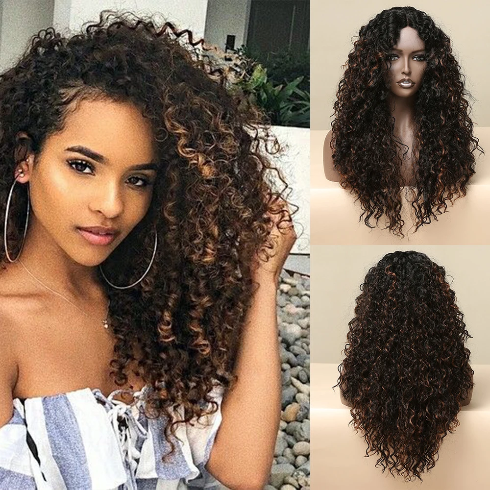 Dianteira do Laço para Preto Sintética com Cabelo do Bebê Resistente ao Calor Easihair Longo Encaracolado Peruca Feminino Kinky Frontal Afro Bob 7 High Quality Apliques e perucas
