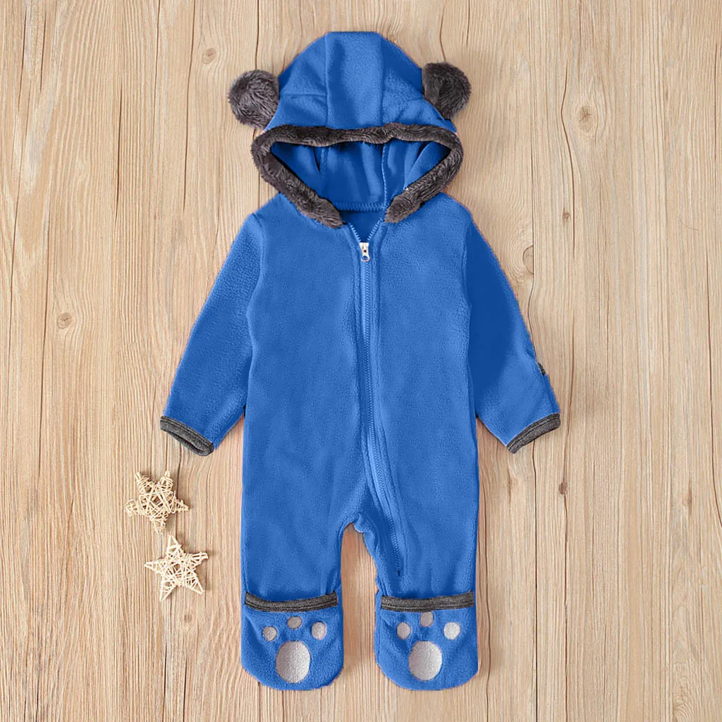 Зимняя модная одежда для маленьких девочек и мальчиков с мультяшными ушами и капюшоном; флисовая одежда на молнии; хлопковый комбинезон для малышей