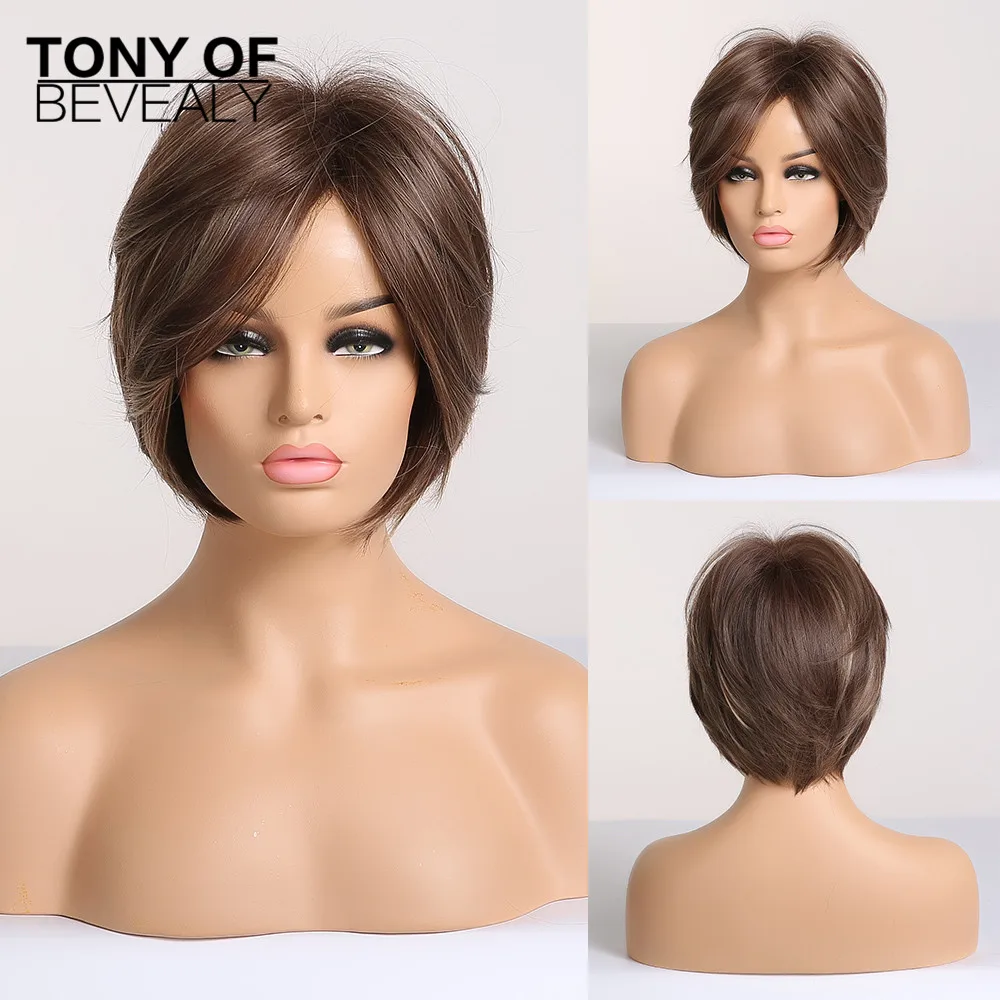 Короткий Боб коричневый прямые волосы боковая часть синтетические парики с