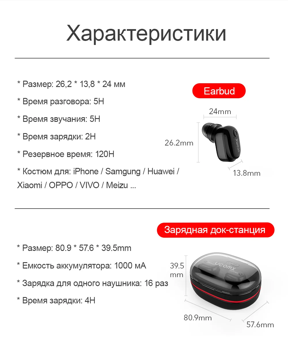 UCOMX U6H Bluetooth наушники, мини настоящие Беспроводные наушники с микрофоном, наушники с громкой связью для iPhone, Xiaomi, huawei, samsung