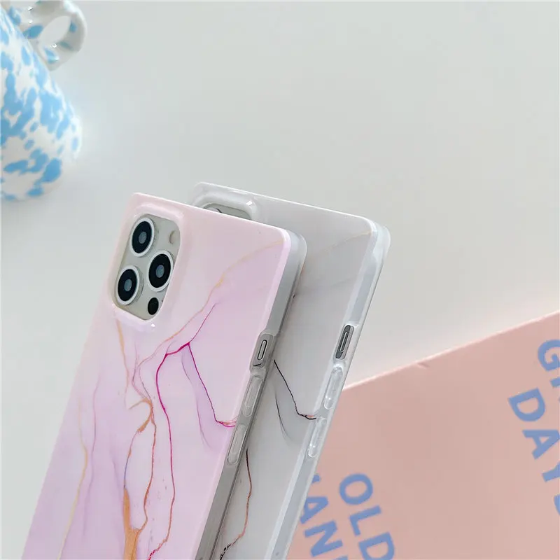 Square Vintage Marble Phone Case For iPhone 13 11 12 Pro Max X XR XS Max 7 8 Plus 11 Luxury Camera Protection Back Cover