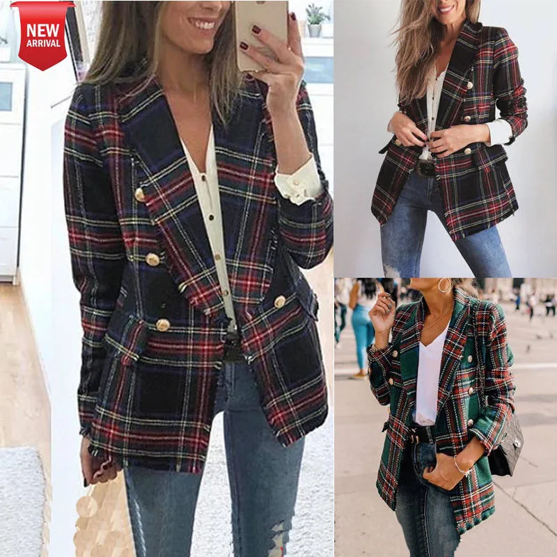 Винтажные двубортные потертые клетчатые твидовые блейзеры пальто для женщин 2019
