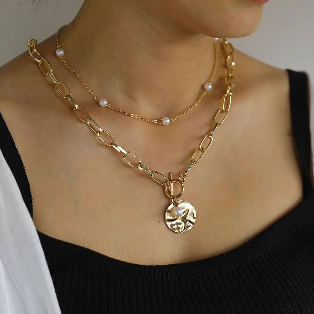 

FAMSHIN Bohemian Gold Color Pearl Coin Vintage Chain Necklace for Women Wedding Punk Coin Long Pendant Necklaces Jewelry Gifts